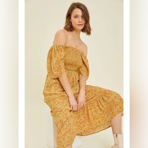 Heyson Mustard Green and Orange Floral Smocked Maxi Dress